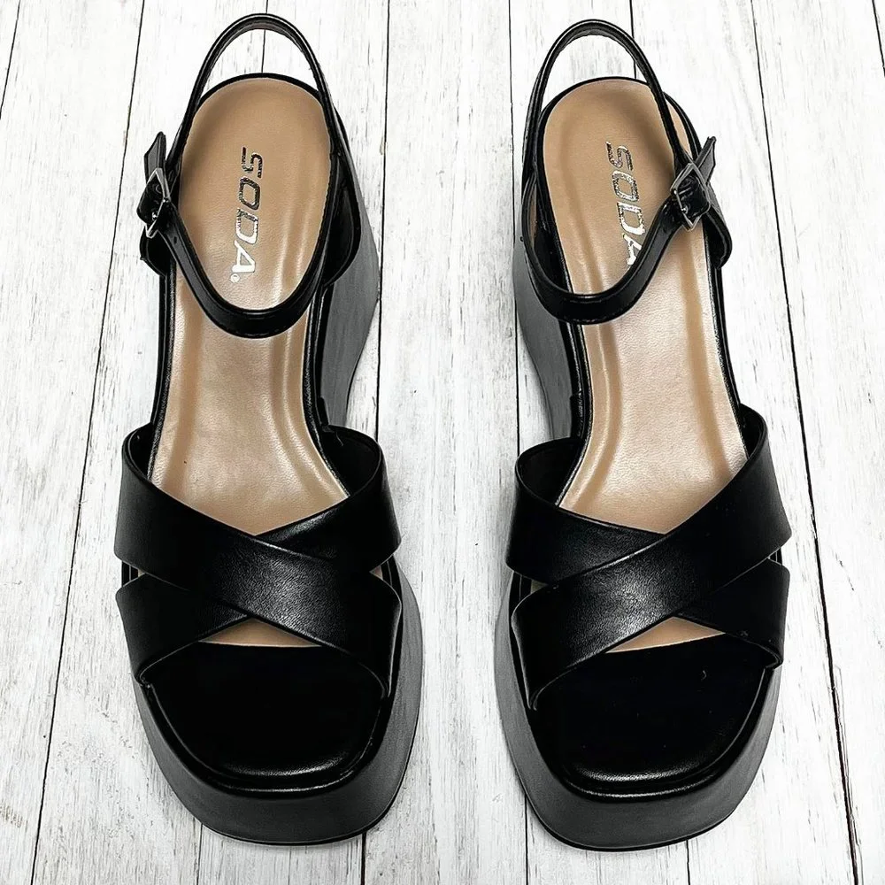 New Black Cross Platform Wedge Sandals - Picture 5 of 6